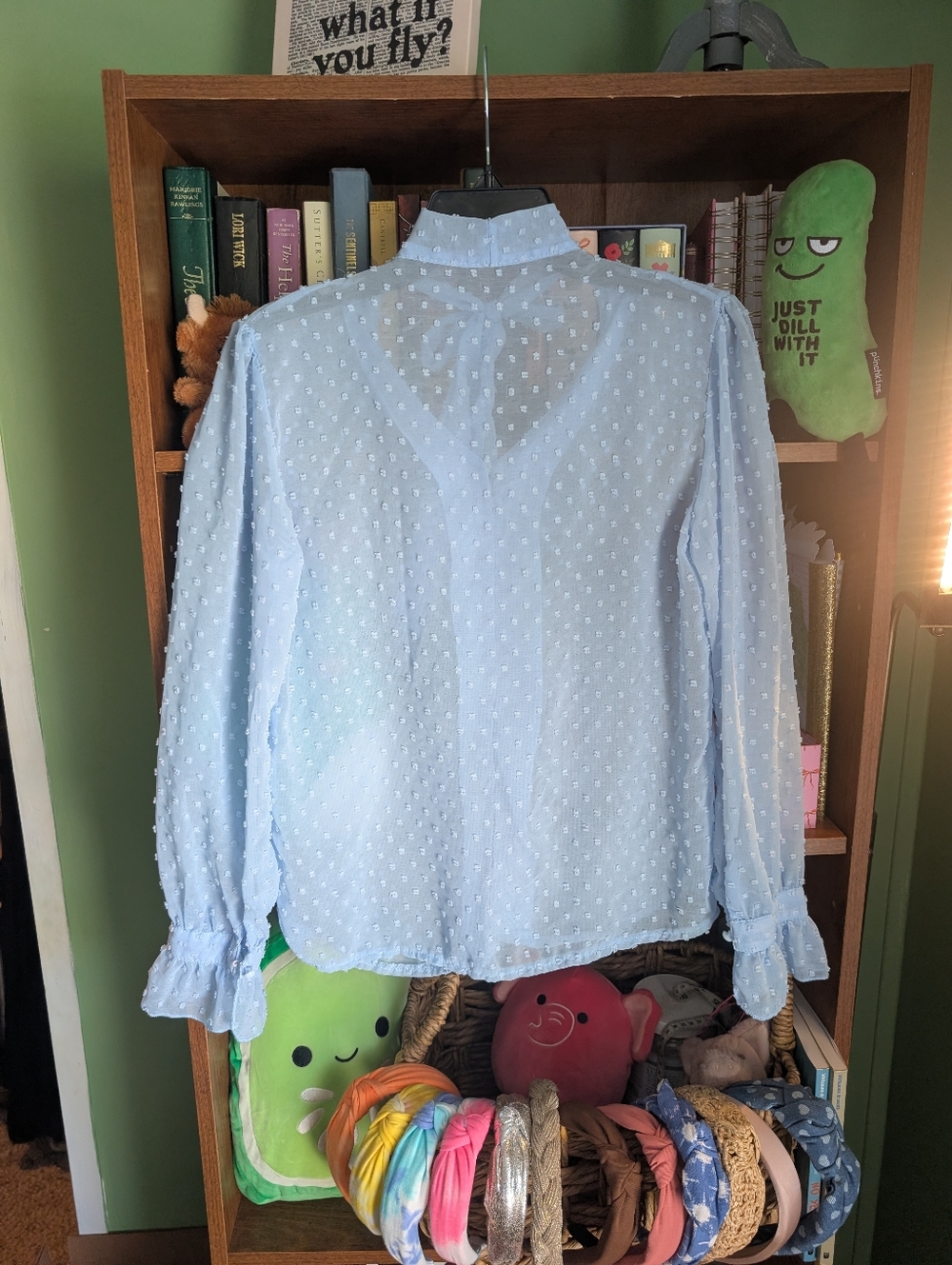 Light Blue Swiss Dot Tie-Neck Blouse - Women - Picture 4 of 7